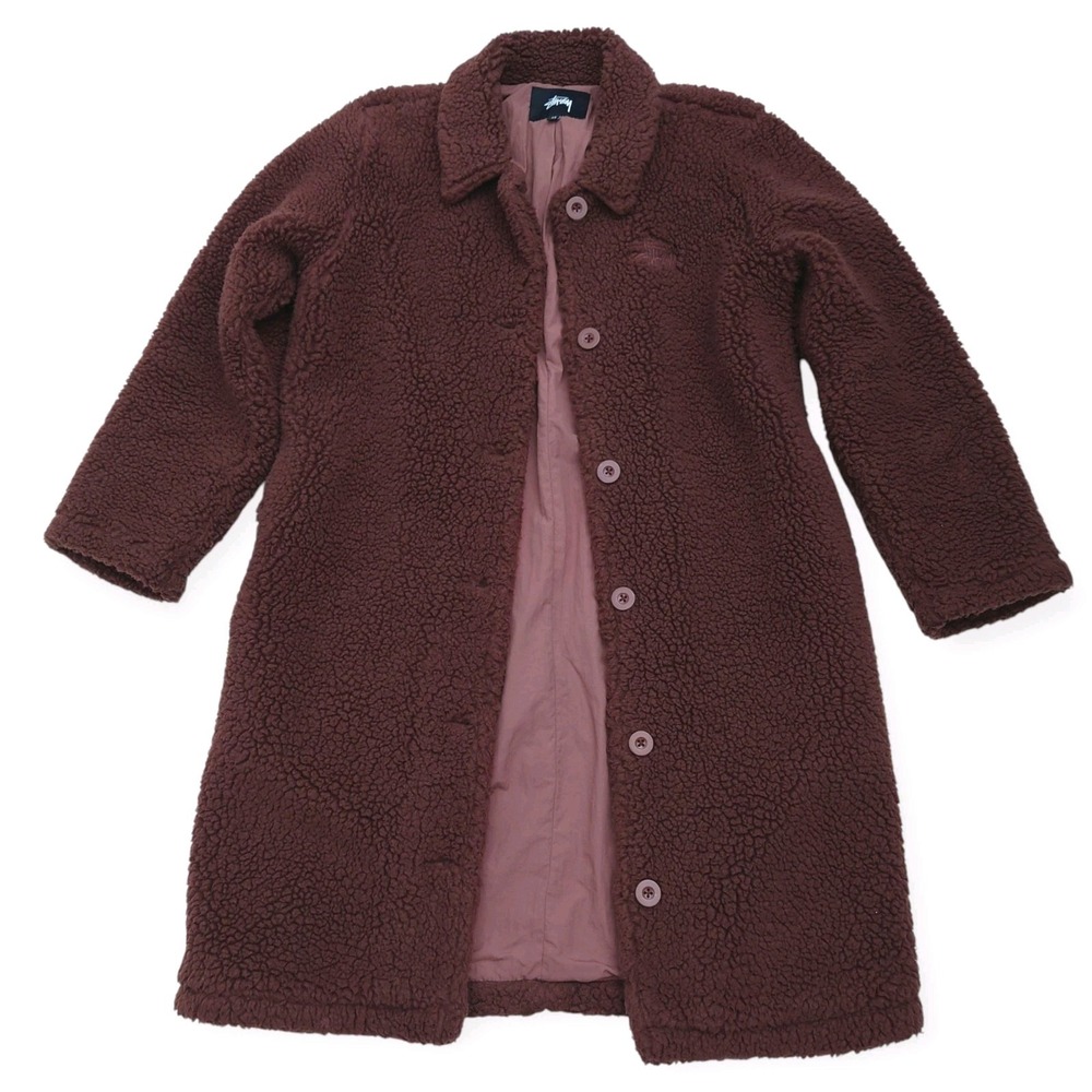 Stussy Fleece Trench Coat Womens XS Deep Pile Long Jacket Brown 218115 Y2K Skate